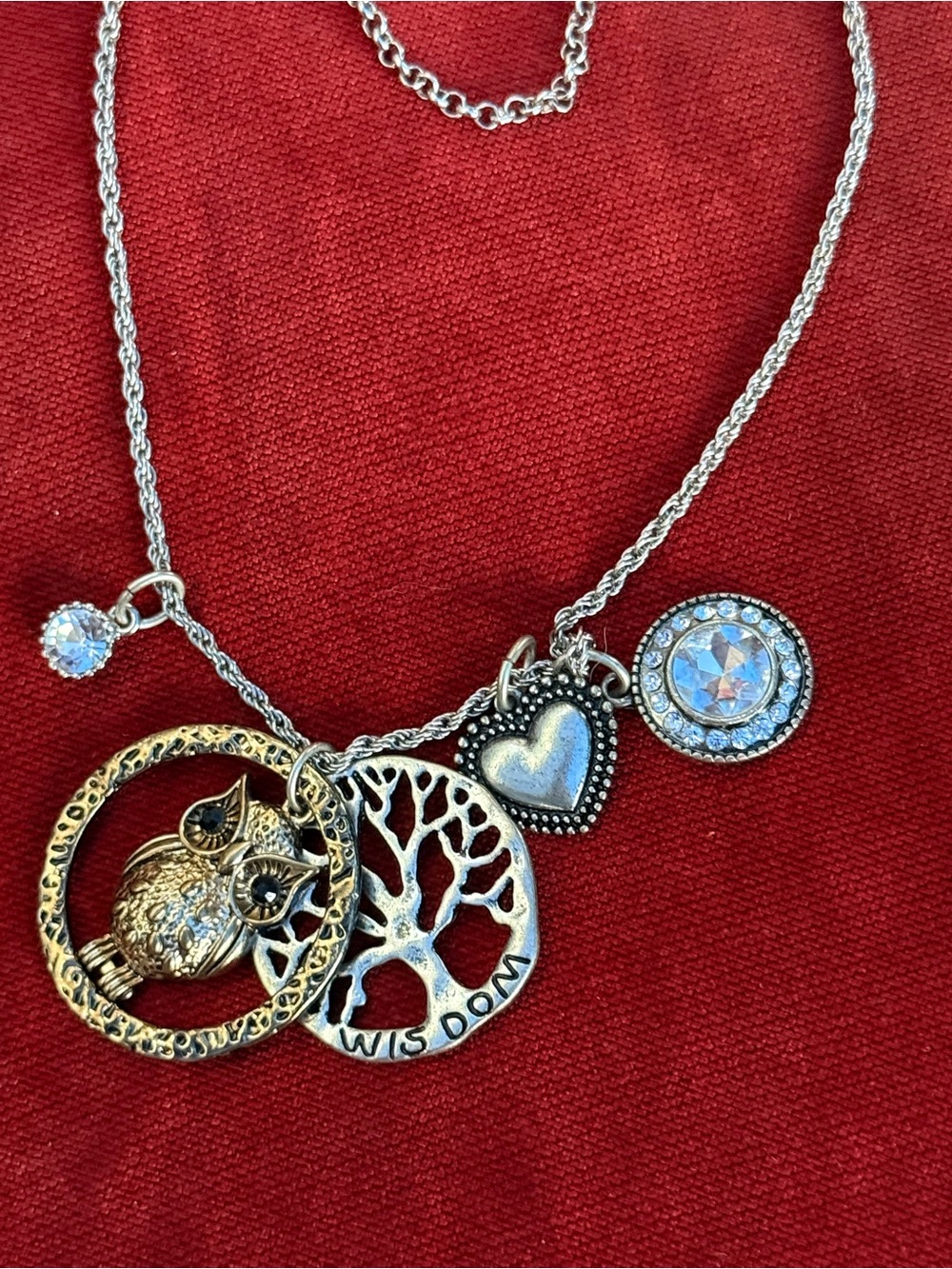 Silver & Gold Mixed Metal 'Wisdom' Tree and Owl Charm Necklace